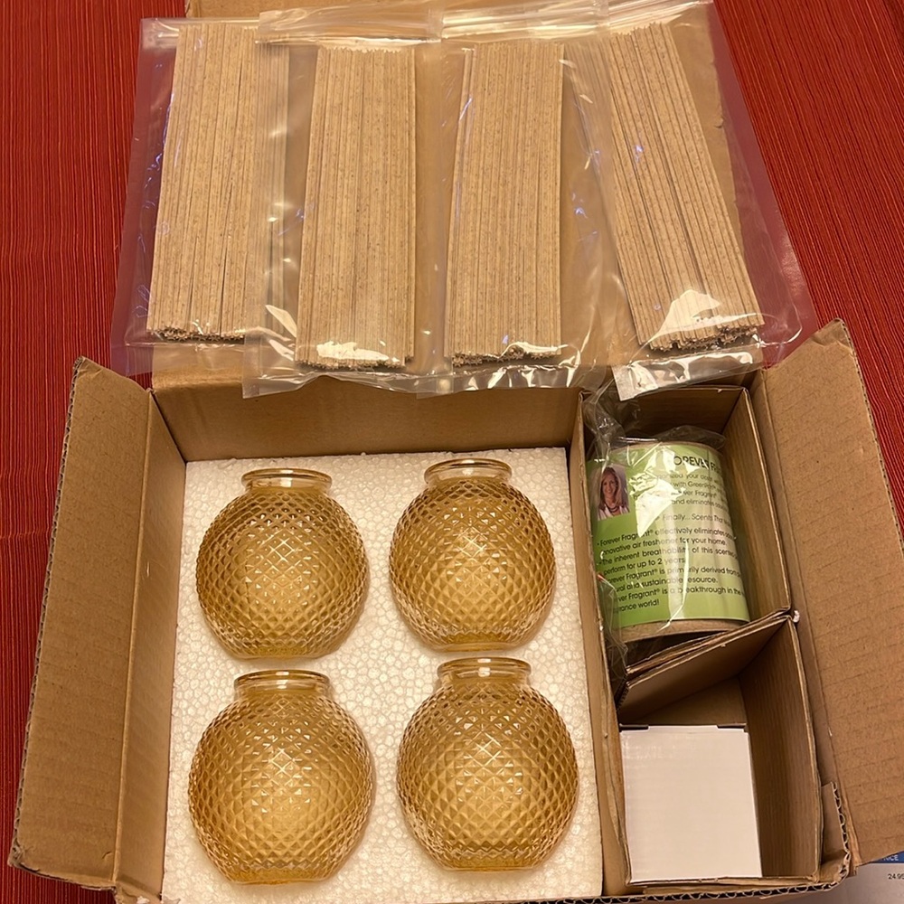 JOY Mangano Forever Fragrant Set of (4) Glass Vases & Scented Reeds. New In Box